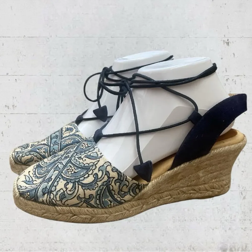 Patricia Green Patti Paisley Blue Sandal Espadrille Wedge Wrap Tie Ankle Size 39